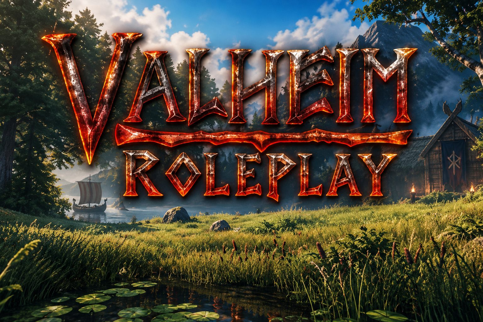 Valheim Roleplay: vila viking à beira do lago com um drakkar